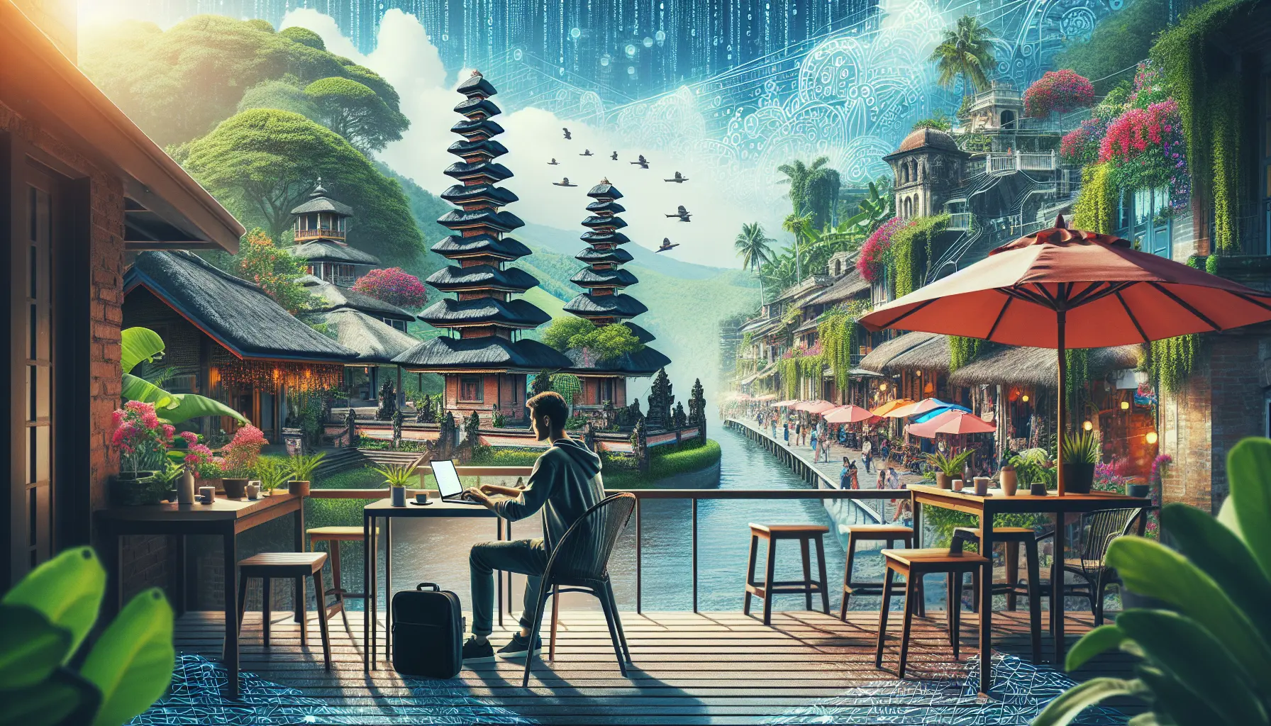 Un gruppo di nomadi digitali che lavora in un caffè all'aperto con vista su una spiaggia tropicale.