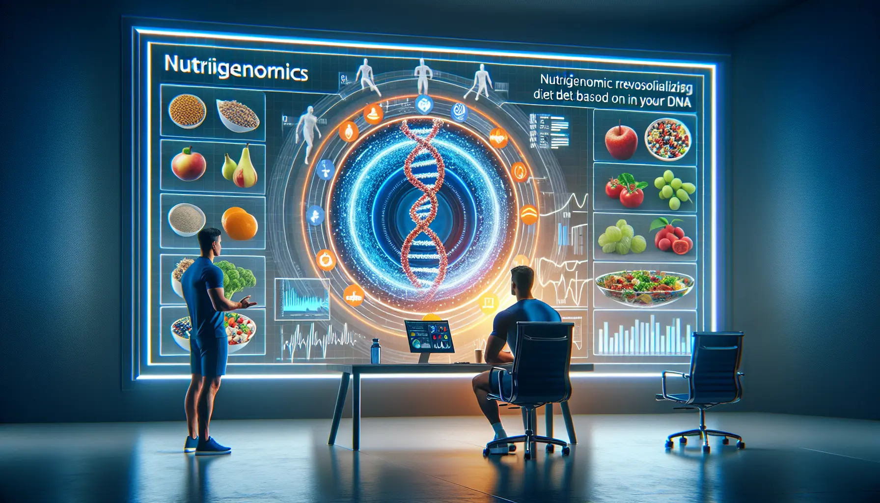 Un atleta che consulta un nutrizionista per un piano alimentare personalizzato basato sul DNA