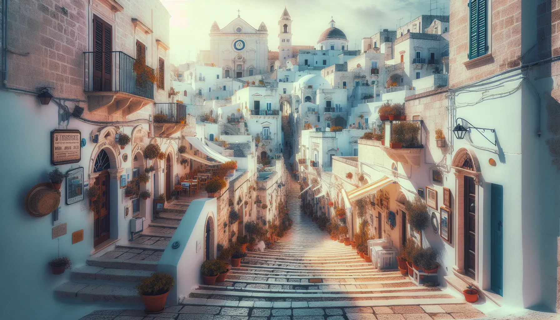 Vista panoramica di Ostuni con le sue case bianche e la skyline sullo sfondo del cielo azzurro