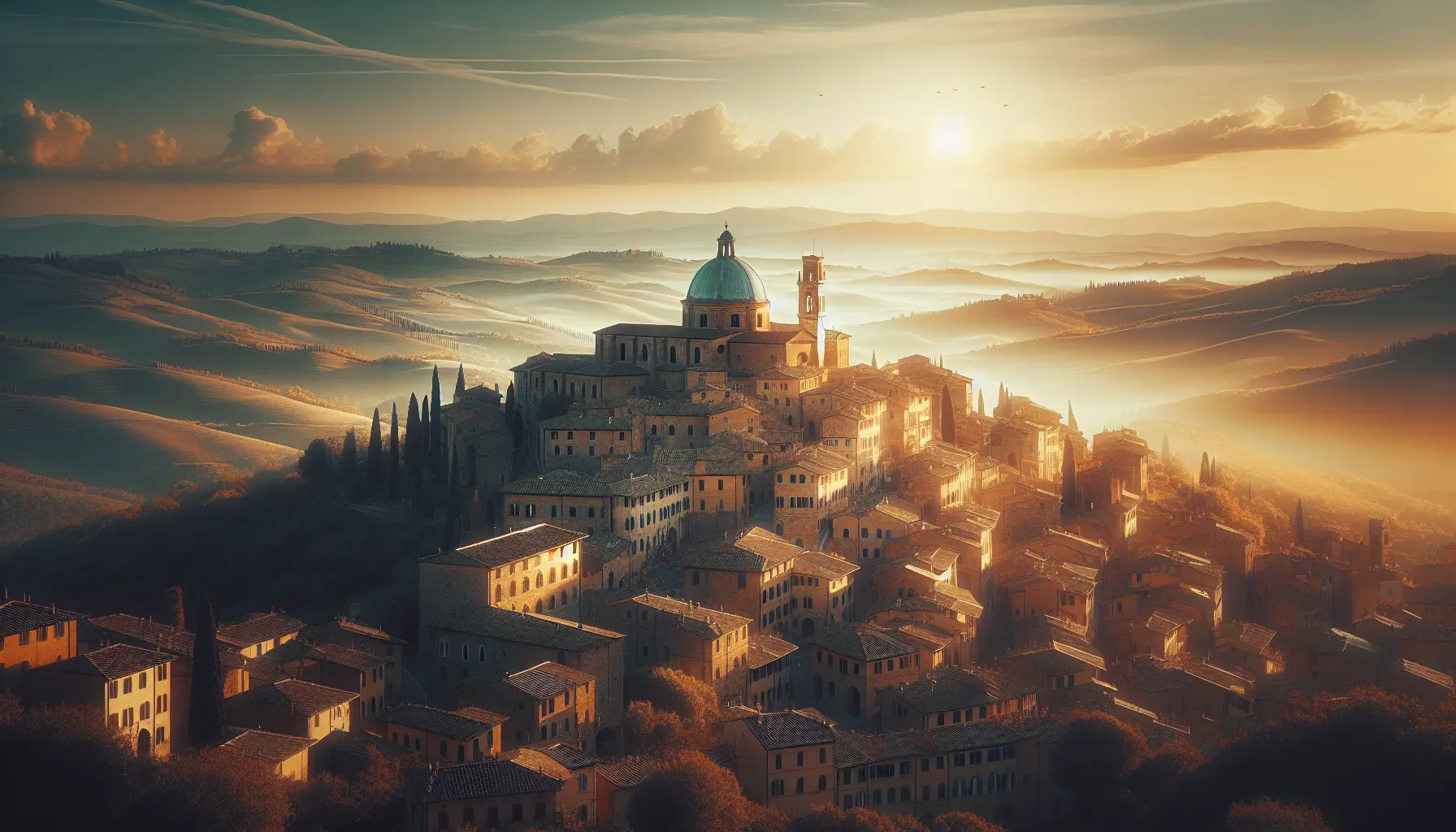 Veduta panoramica di Peccioli, un borgo toscano immerso nel verde con colline e architettura storica.