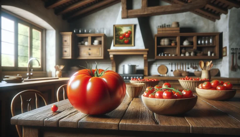 Pomodori freschi su un tavolo di legno, pronti per essere utilizzati in cucina.