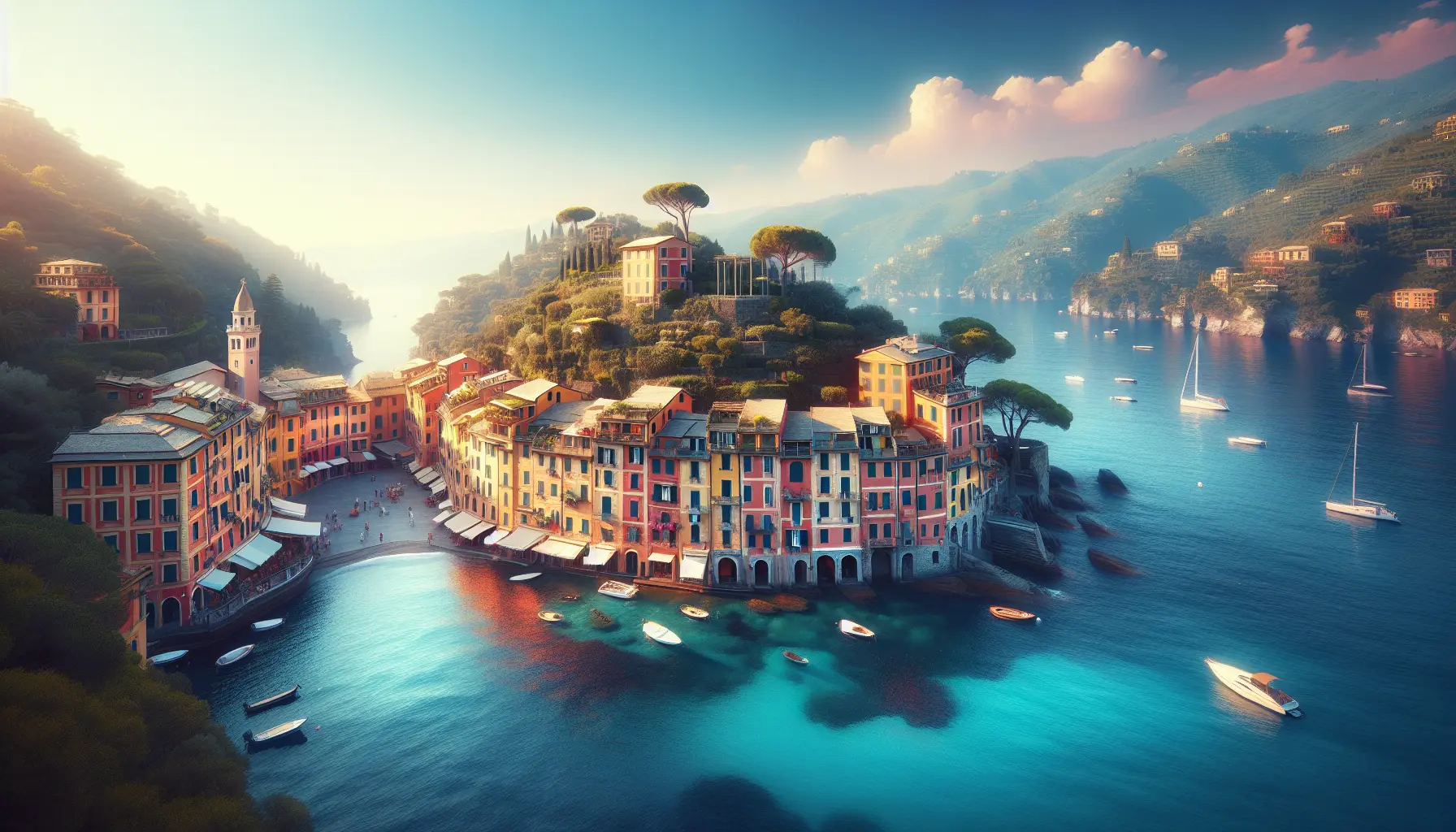 Vista panoramica del pittoresco porto di Portofino con le sue case colorate e il mare turchese.