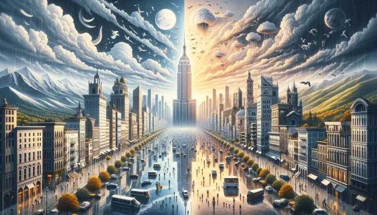 Un paesaggio italiano con cielo nuvoloso e sole che splende, rappresentando le diverse condizioni meteorologiche.