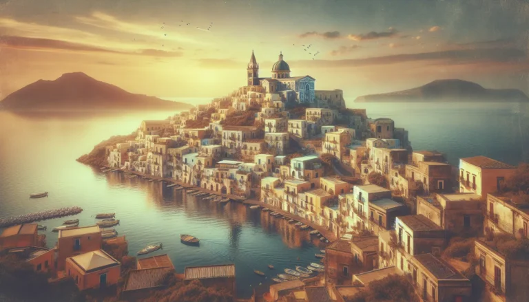 Vista panoramica di Procida con case colorate e mare cristallino