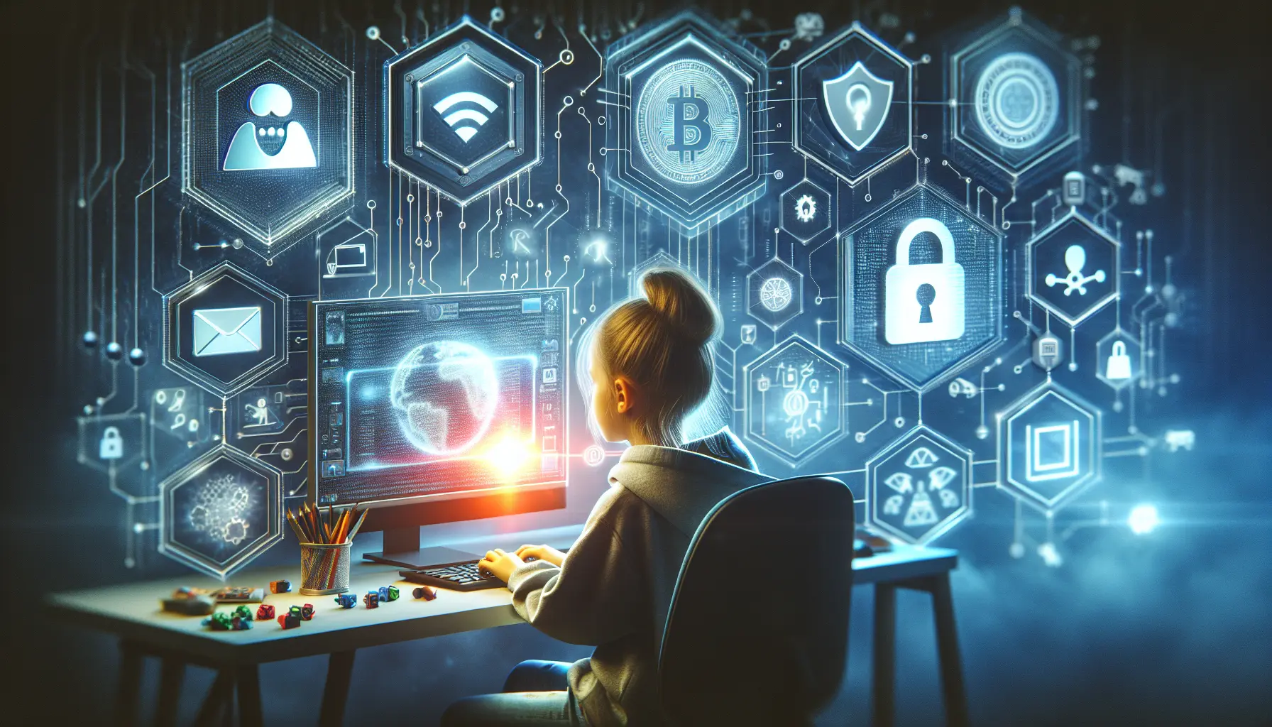 Un genitore che insegna al proprio figlio l'uso sicuro della tecnologia, circondato da dispositivi digitali.