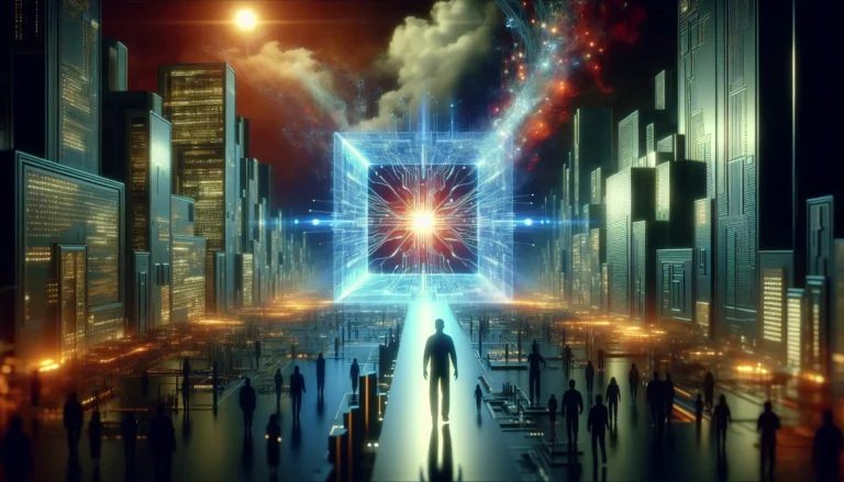 Un'immagine che rappresenta un computer quantistico con circuiti luminosi e un ambiente futuristico.