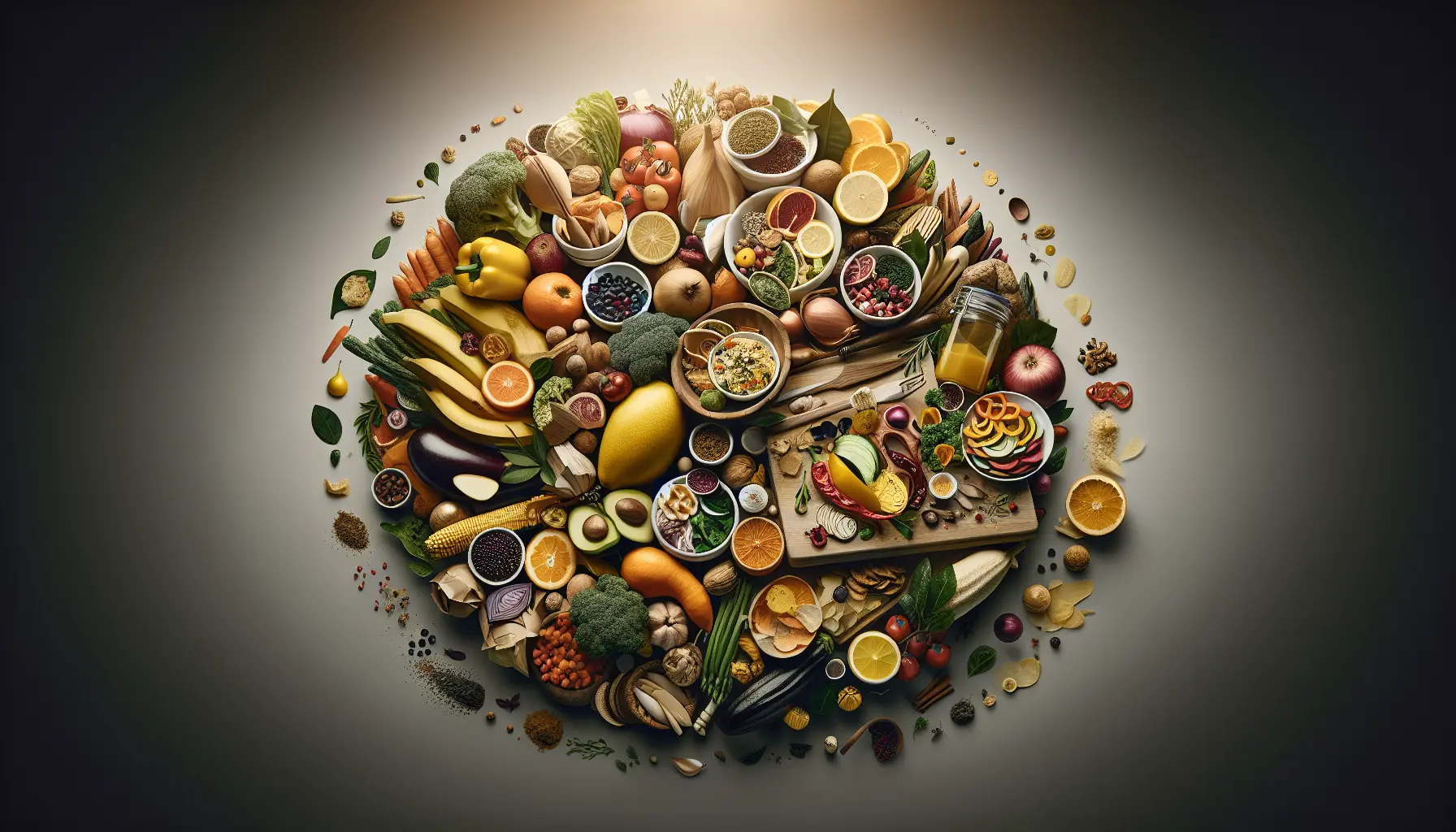 Ingredienti freschi disposti su un tavolo da cucina, pronti per essere trasformati in piatti zero sprechi.