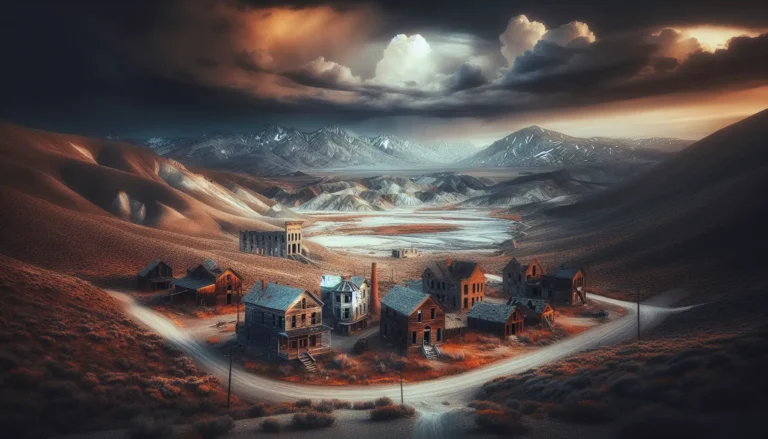 Un paesaggio di una città fantasma immersa nella natura, con edifici in rovina circondati da vegetazione lussureggiante.