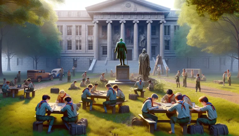 Ritratto di Robert Baden-Powell con simboli dello scautismo sullo sfondo