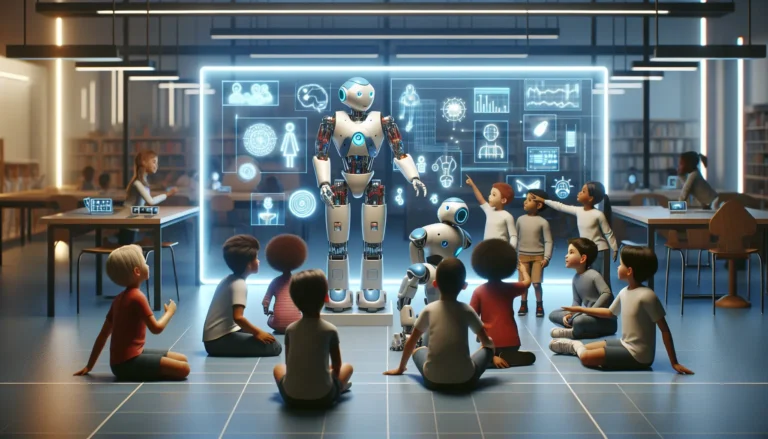 Un robot interattivo che gioca con un bambino, simboleggiando l'interazione tra tecnologia e infanzia.