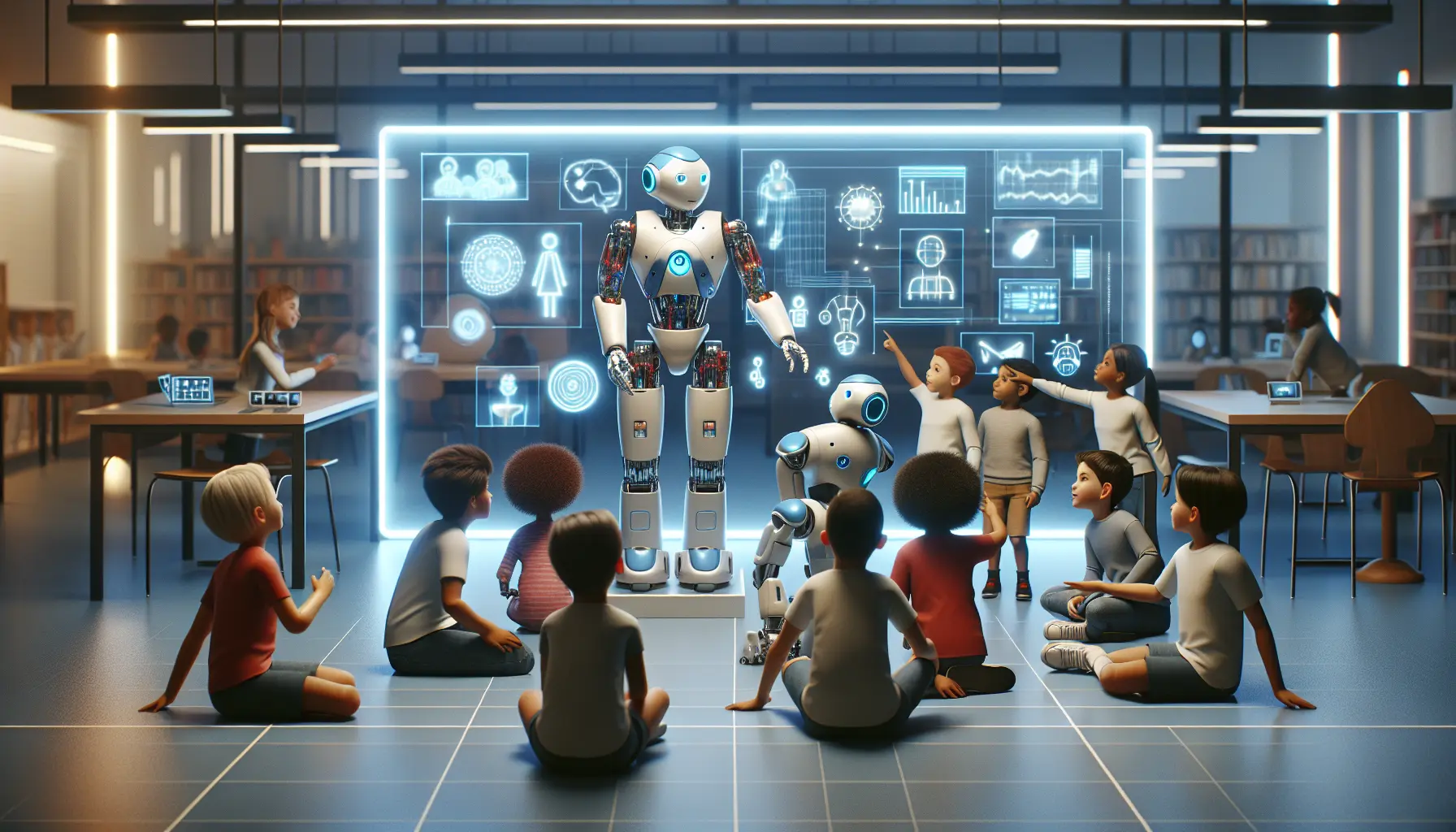 Un robot interattivo che gioca con un bambino, simboleggiando l'interazione tra tecnologia e infanzia.