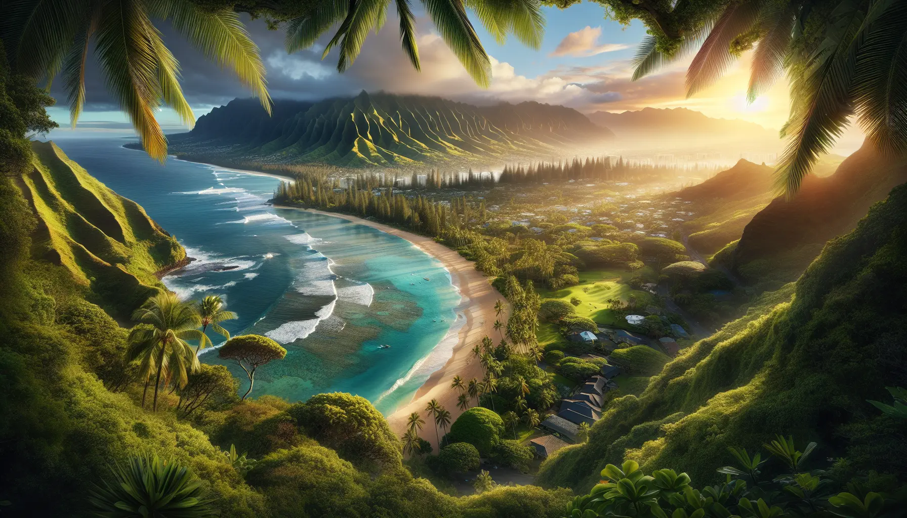 Spiaggia tropicale alle Hawaii con palme e acque cristalline