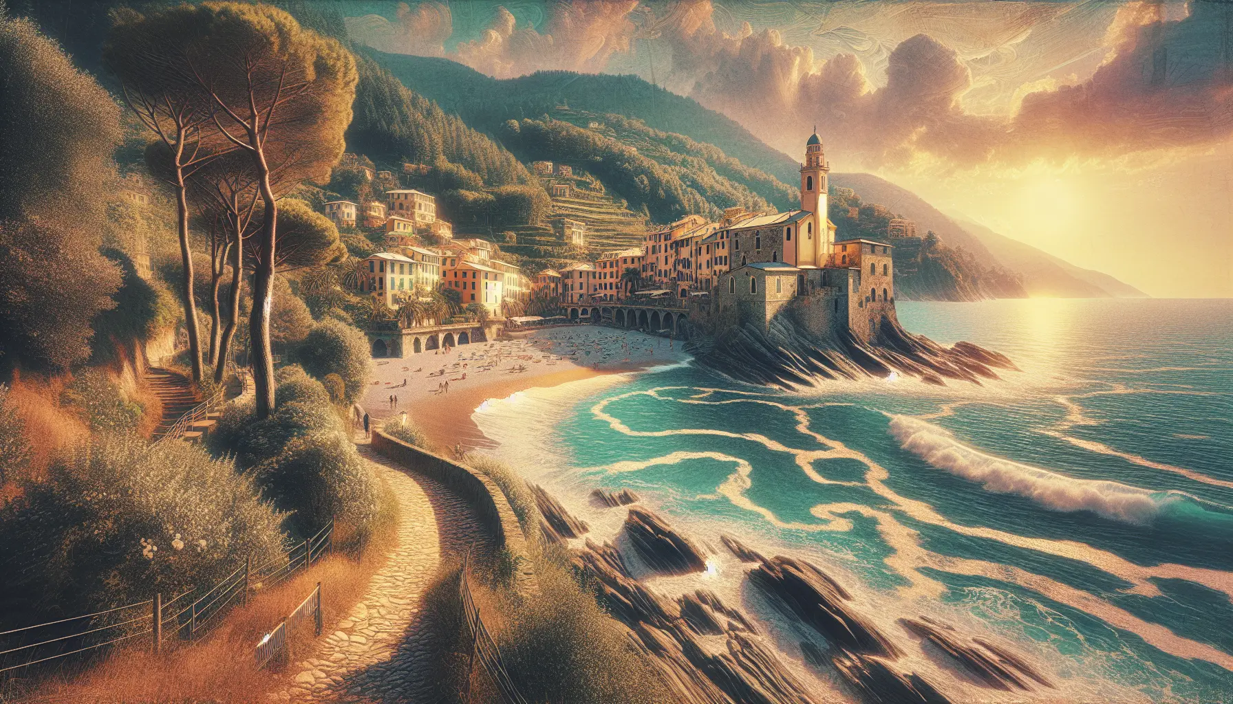 Panorama delle spiagge di Levanto con il mare cristallino e le colline circostanti.