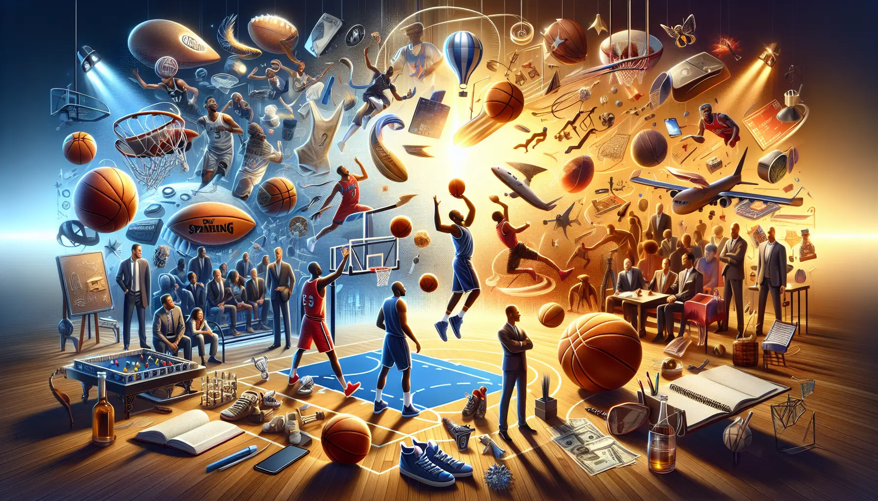 Giocatori NBA in azione durante una partita, rappresentando la passione e la strategia del basket.