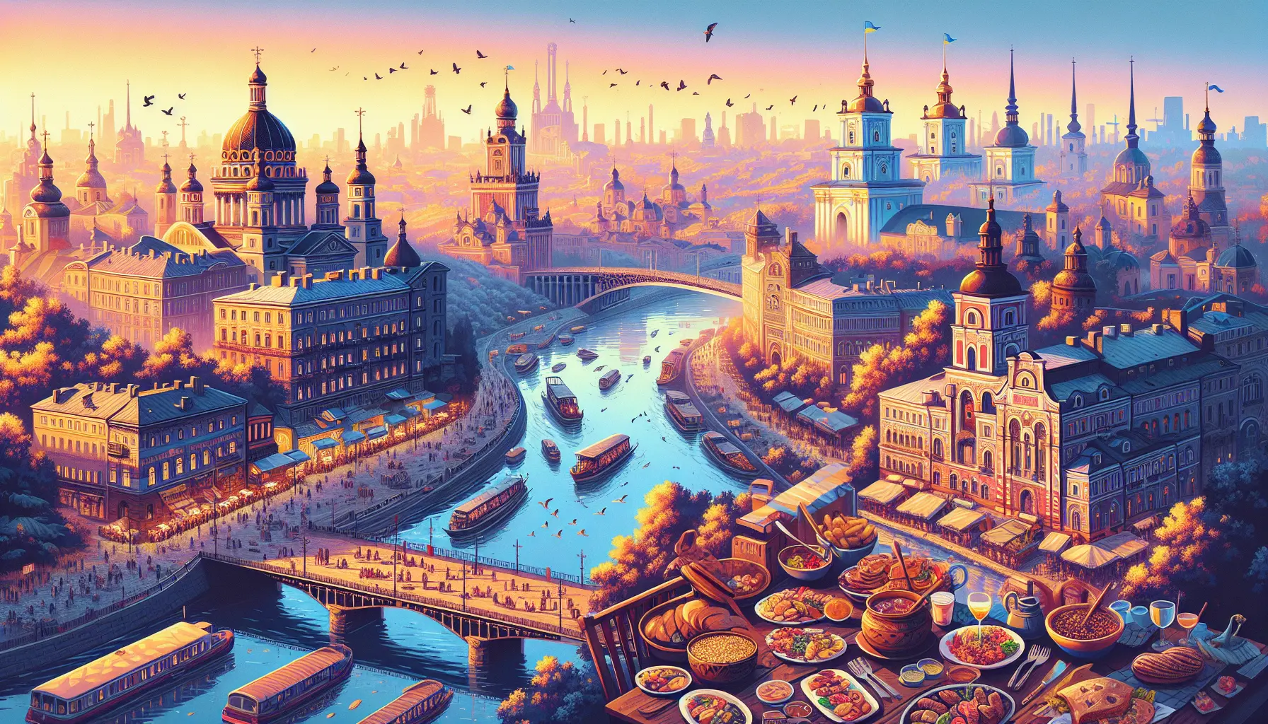 Panorama della città di Kiev con la Cattedrale di Santa Sofia in primo piano, circondata da un cielo blu e alberi verdi.