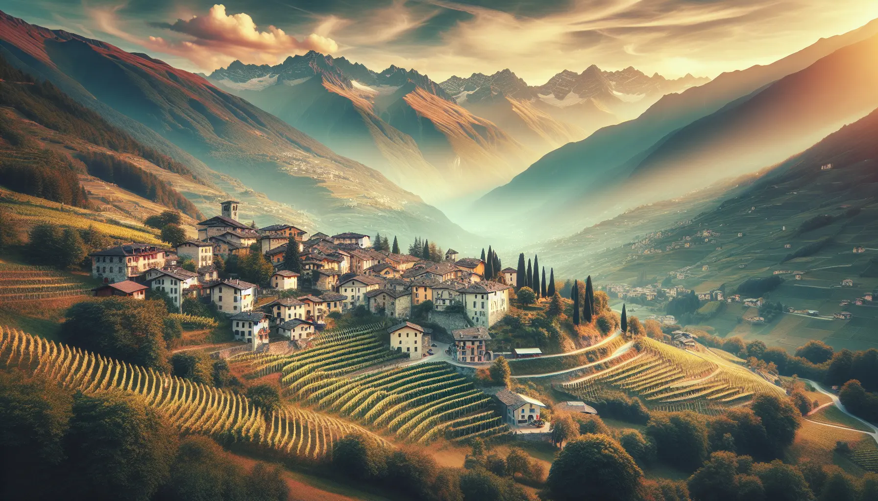 Vista panoramica dei vigneti terrazzati della Valtellina, con le montagne sullo sfondo.