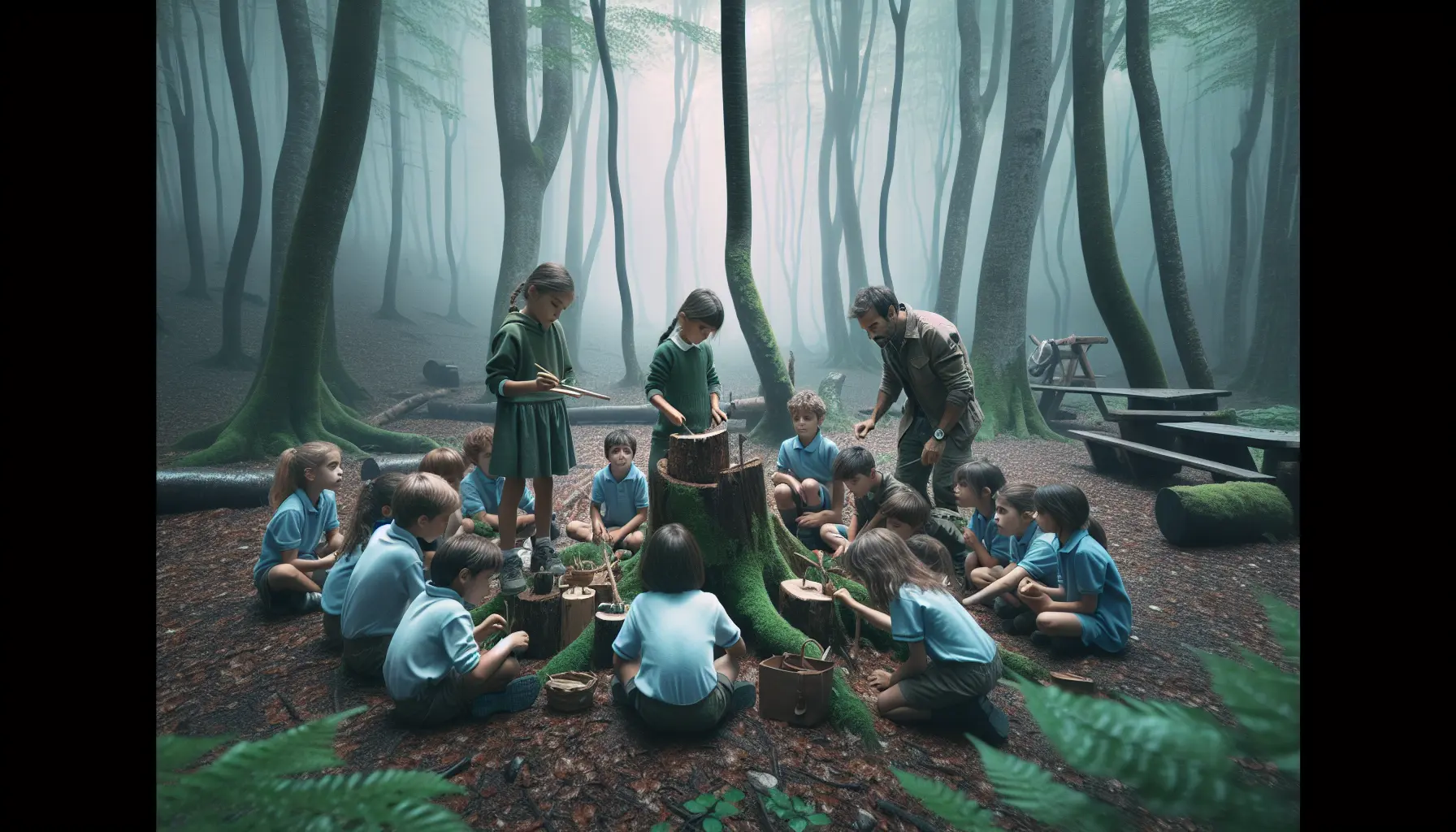 Bambini che esplorano la natura durante un'attività all'aperto in una scuola forestale.