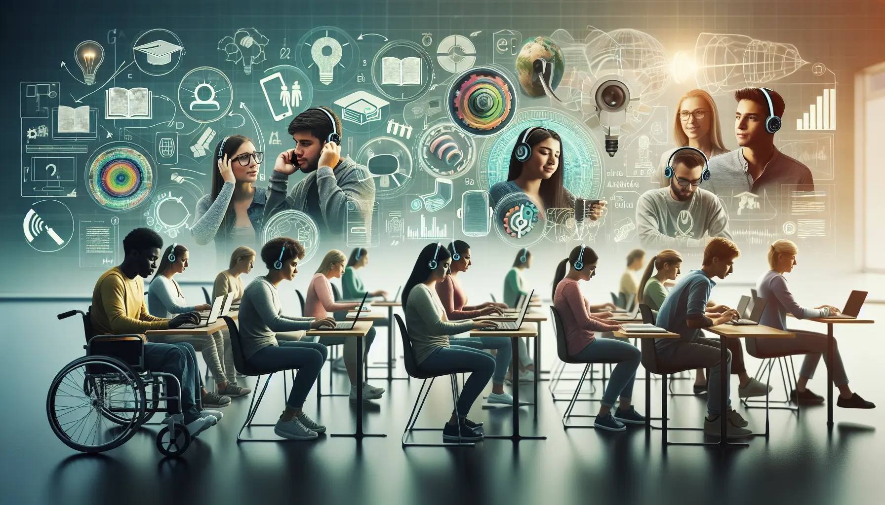 Studenti che utilizzano tecnologie assistive in un ambiente educativo inclusivo