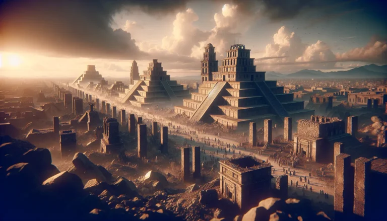 Rovine di Tenochtitlán con vista sul lago Texcoco e Città del Messico sullo sfondo.