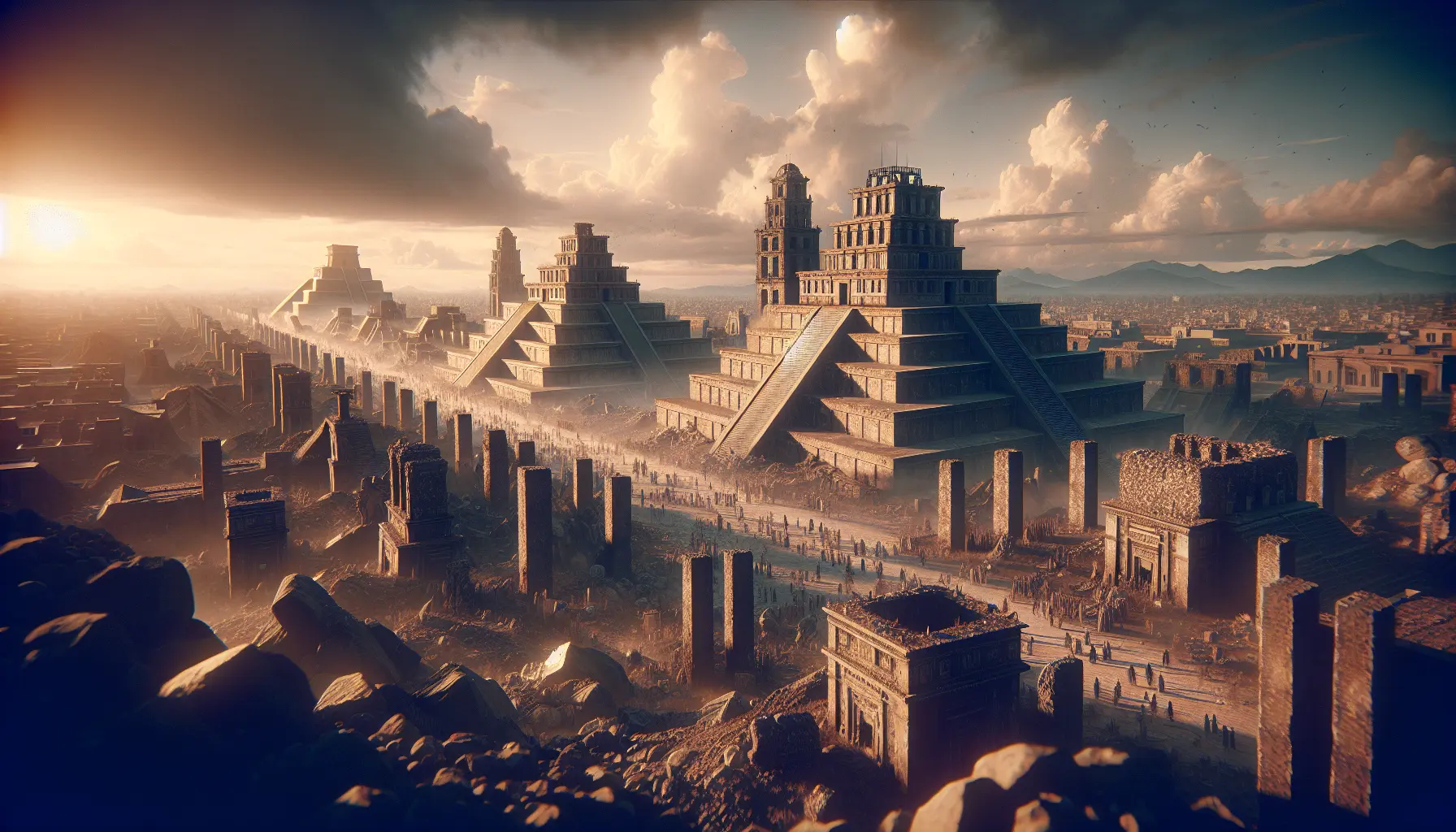 Rovine di Tenochtitlán con vista sul lago Texcoco e Città del Messico sullo sfondo.