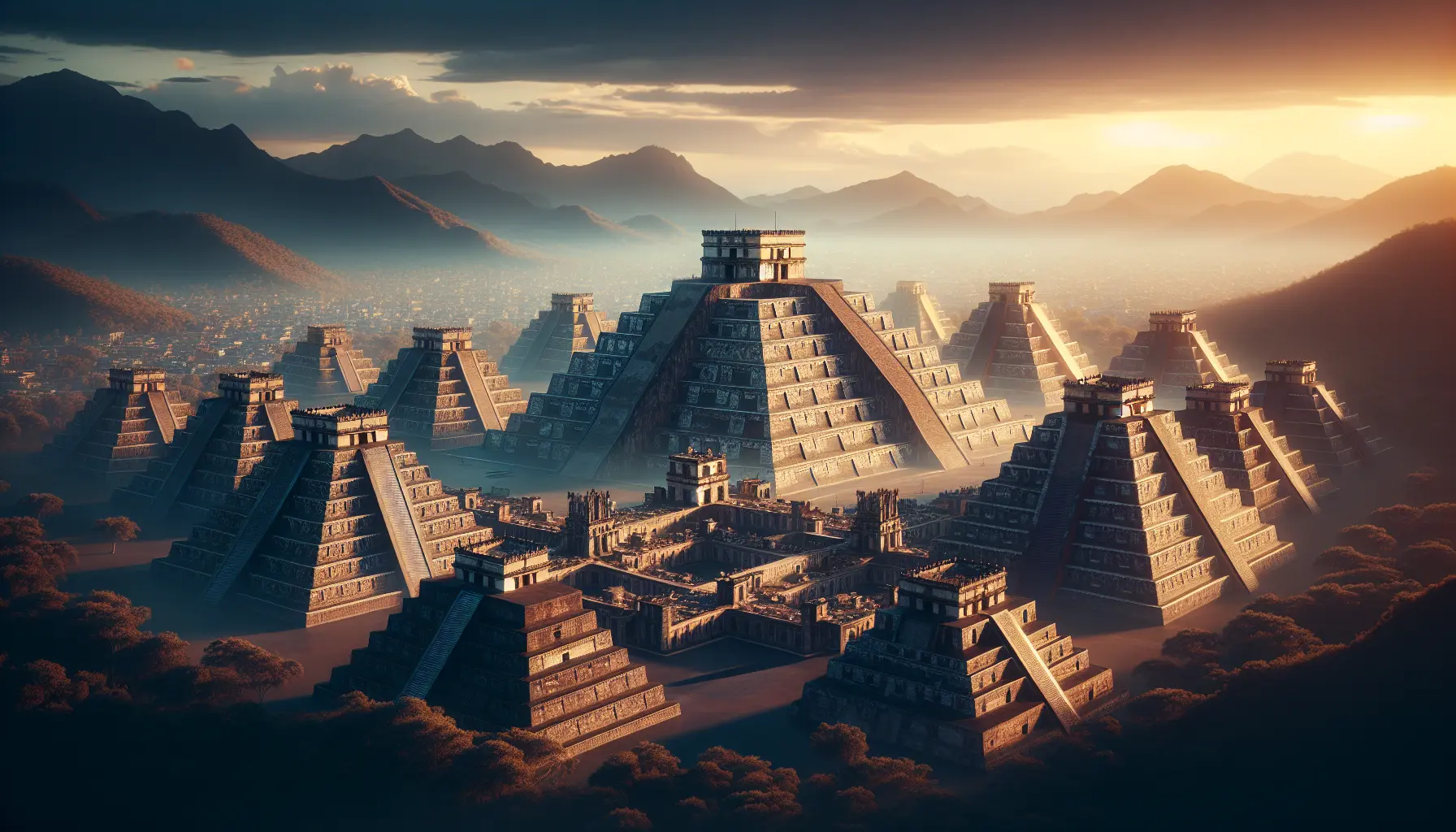 Vista panoramica delle rovine di Tenochtitlán, con i resti dei templi e i canali che un tempo attraversavano la città.