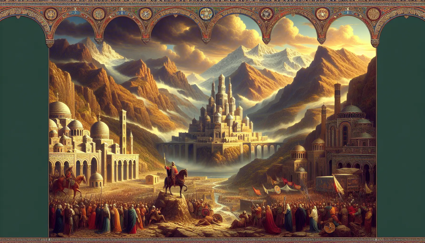 Rappresentazione artistica di Teodorico il Grande, sovrano ostrogoto, in abiti regali con uno sfondo di architettura medievale.