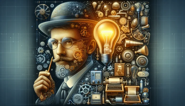 Ritratto di Thomas Alva Edison in un laboratorio circondato da strumenti scientifici