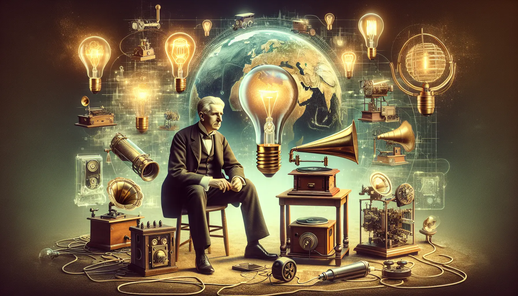 Ritratto di Thomas Alva Edison con attrezzature elettriche storiche