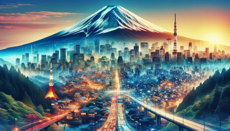 Vista panoramica del Monte Fuji circondato da fiori di ciliegio, simbolo della bellezza e della spiritualità giapponese.