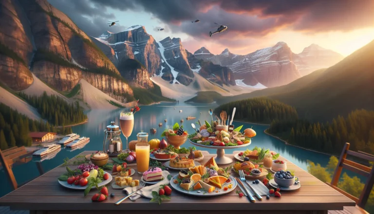 Un piatto gourmet servito in un ambiente naturale, circondato da paesaggi mozzafiato.