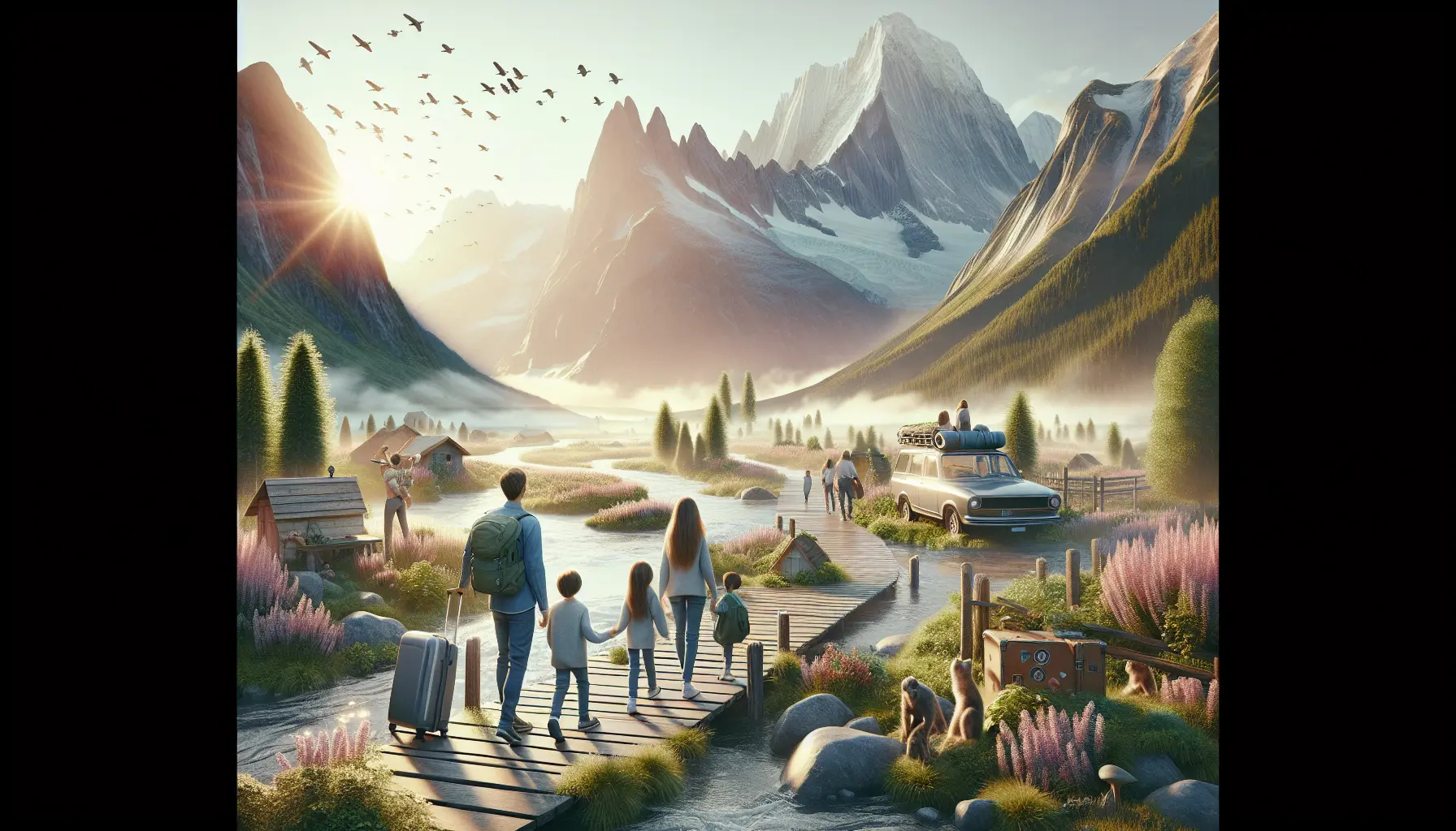 Una famiglia in viaggio sostenibile, esplorando un paesaggio naturale incontaminato.