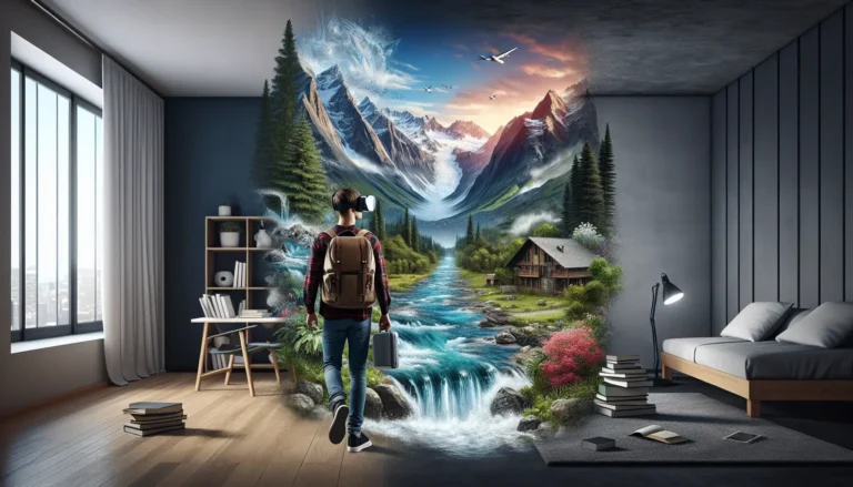 Un giovane esplora un paesaggio naturale attraverso un visore di realtà virtuale.