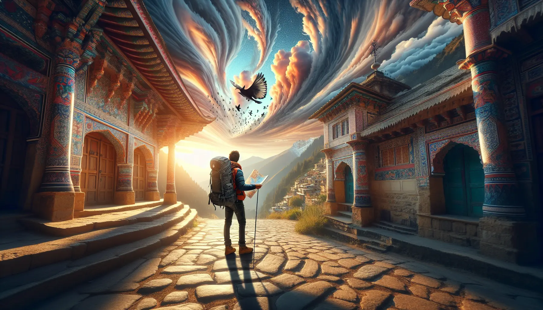 Un viaggiatore solitario che esplora una città vivace, immerso nella cultura locale.