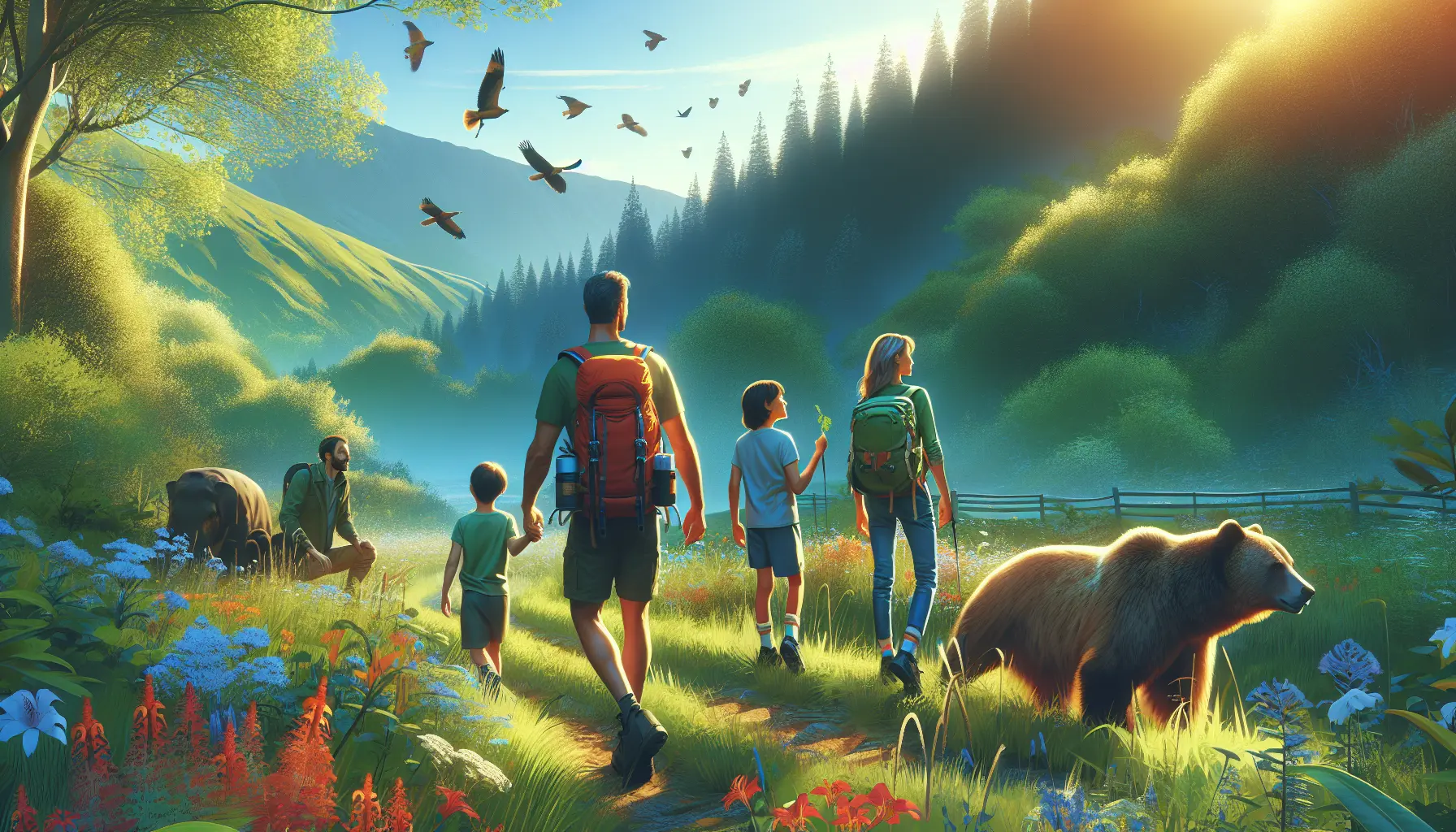 Una famiglia esplora un sentiero naturale circondato da alberi e fauna selvatica.