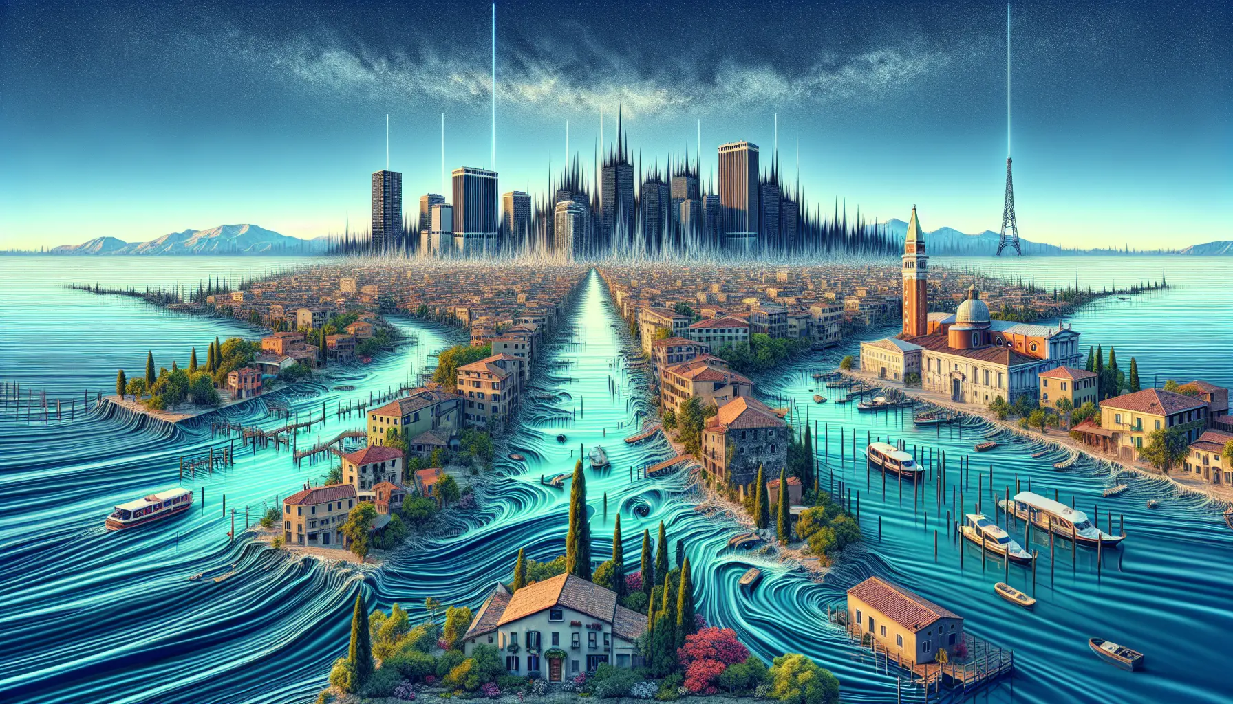 Un paesaggio urbano danneggiato da un terremoto, con edifici crollati e macerie in un contesto di ricostruzione.