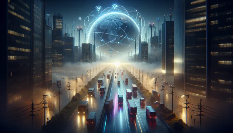 Rappresentazione grafica di una rete 5G con dispositivi connessi e segnali wireless.