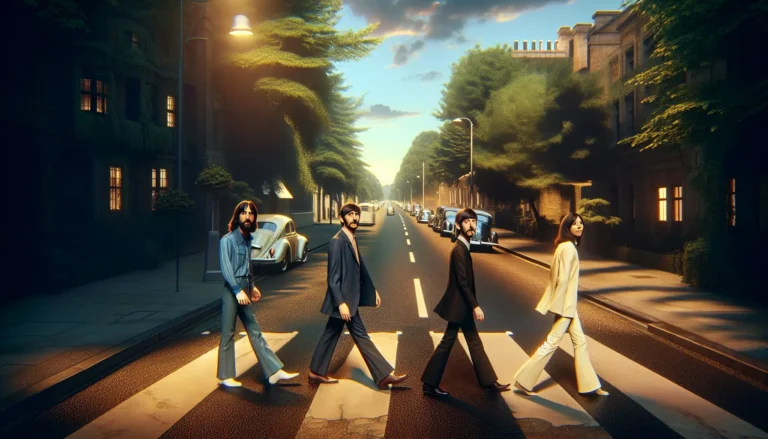 Copertina dell'album Abbey Road dei Beatles con i membri della band che attraversano un passaggio pedonale.