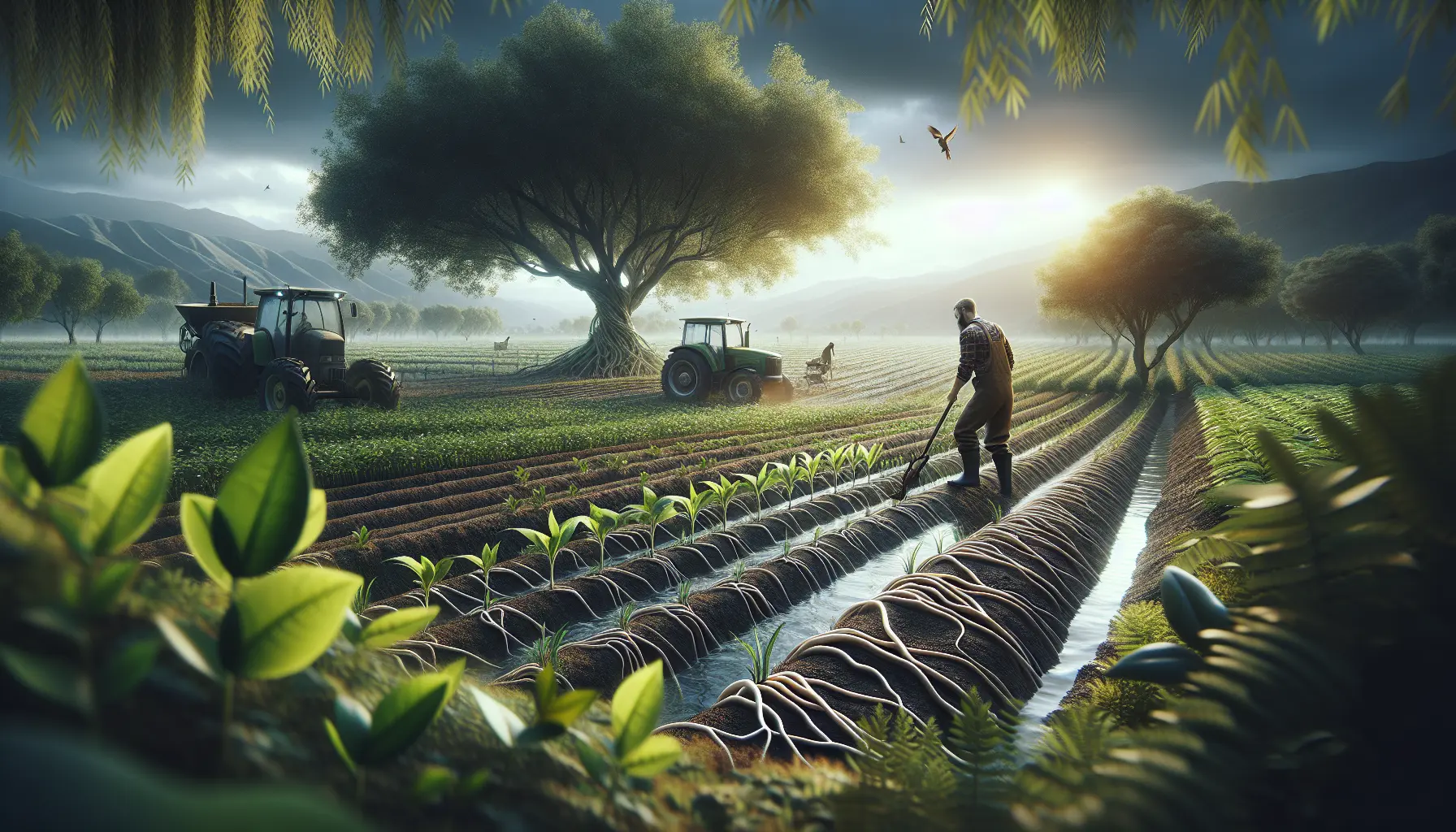 Campo agricolo rigenerativo con piante verdi e animali che pascolano