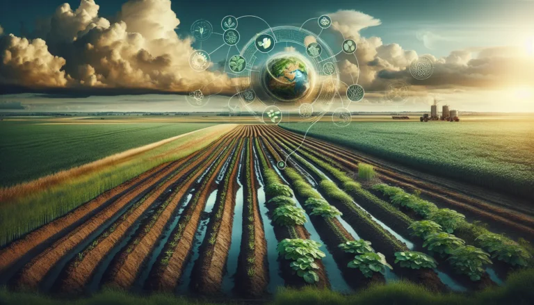 Un campo agricolo rigenerativo con diverse colture e animali che convivono in armonia.