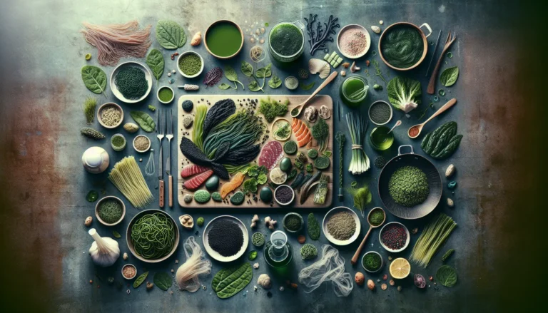 Varietà di alghe fresche e secche disposte su un tavolo da cucina, pronte per essere utilizzate in ricette creative.