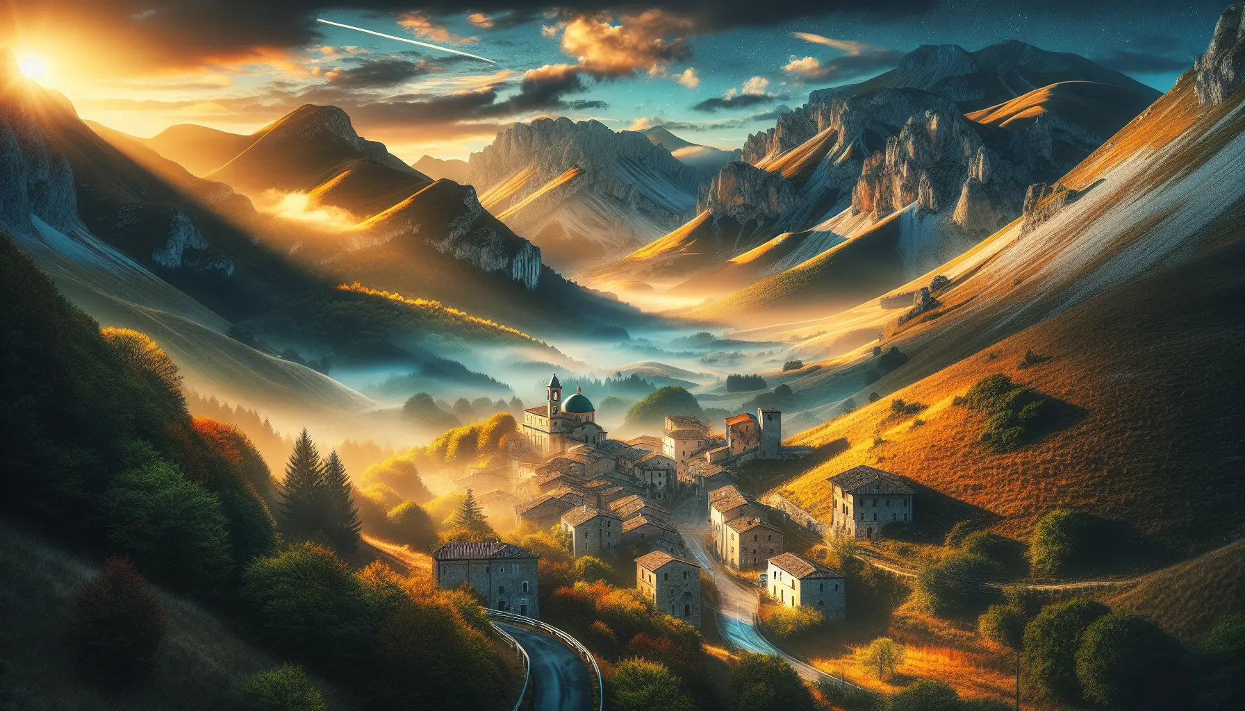 Panorama del Parco Nazionale d'Abruzzo, Lazio e Molise con montagne e foreste verdi.