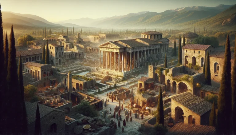 Vista panoramica di Aquileia con la Basilica e i resti archeologici sullo sfondo, immersa nella natura.