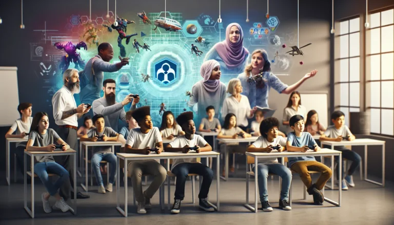 Studente che gioca a un videogioco educativo in un ambiente di apprendimento interattivo.