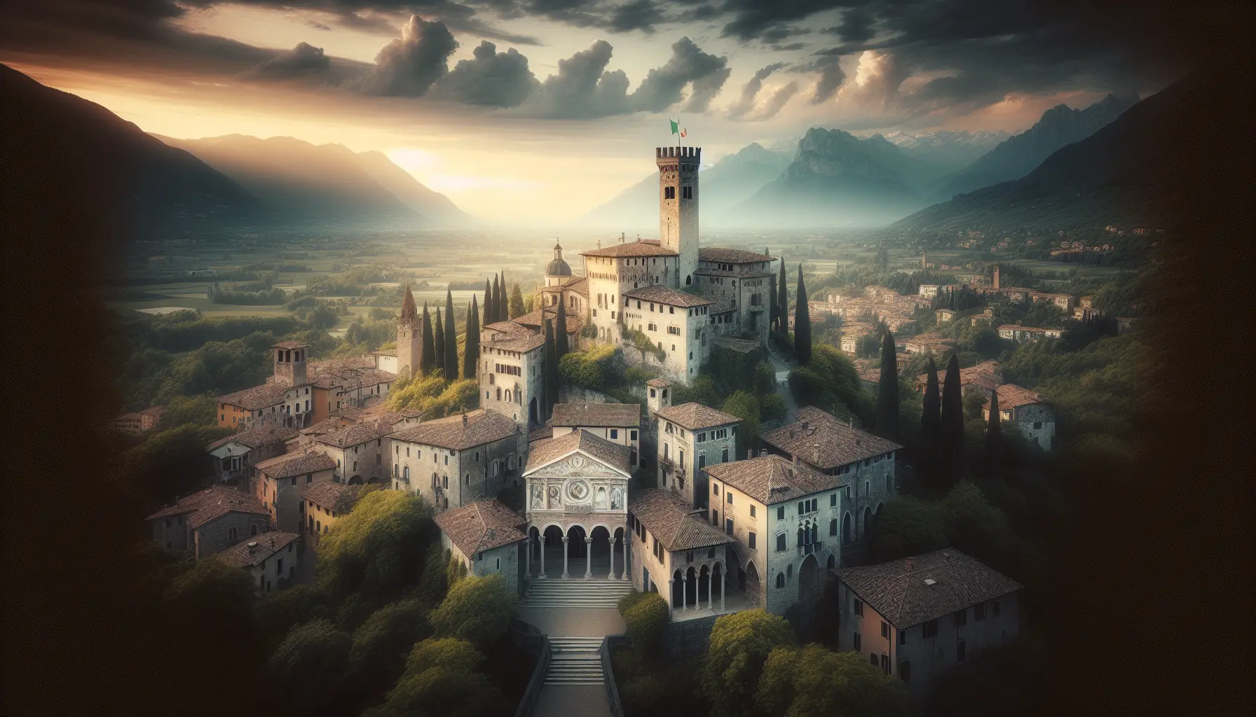 Panorama di Asolo con colline verdi e il Castello della Regina Cornaro in lontananza.