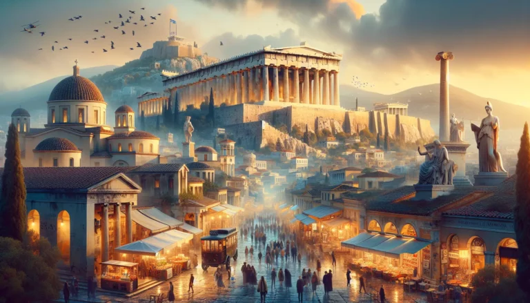 Vista panoramica dell'Acropoli di Atene con il Partenone in primo piano, simbolo della cultura e della storia greca.