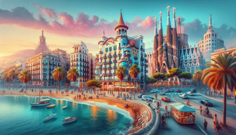 Vista panoramica della Sagrada Familia e del mare di Barcellona al tramonto