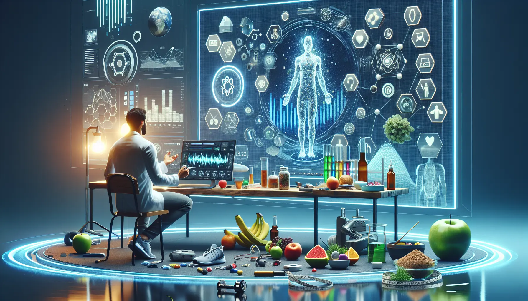 Concetto di biohacking con elementi di salute e tecnologia, come dispositivi indossabili e alimentazione sana.