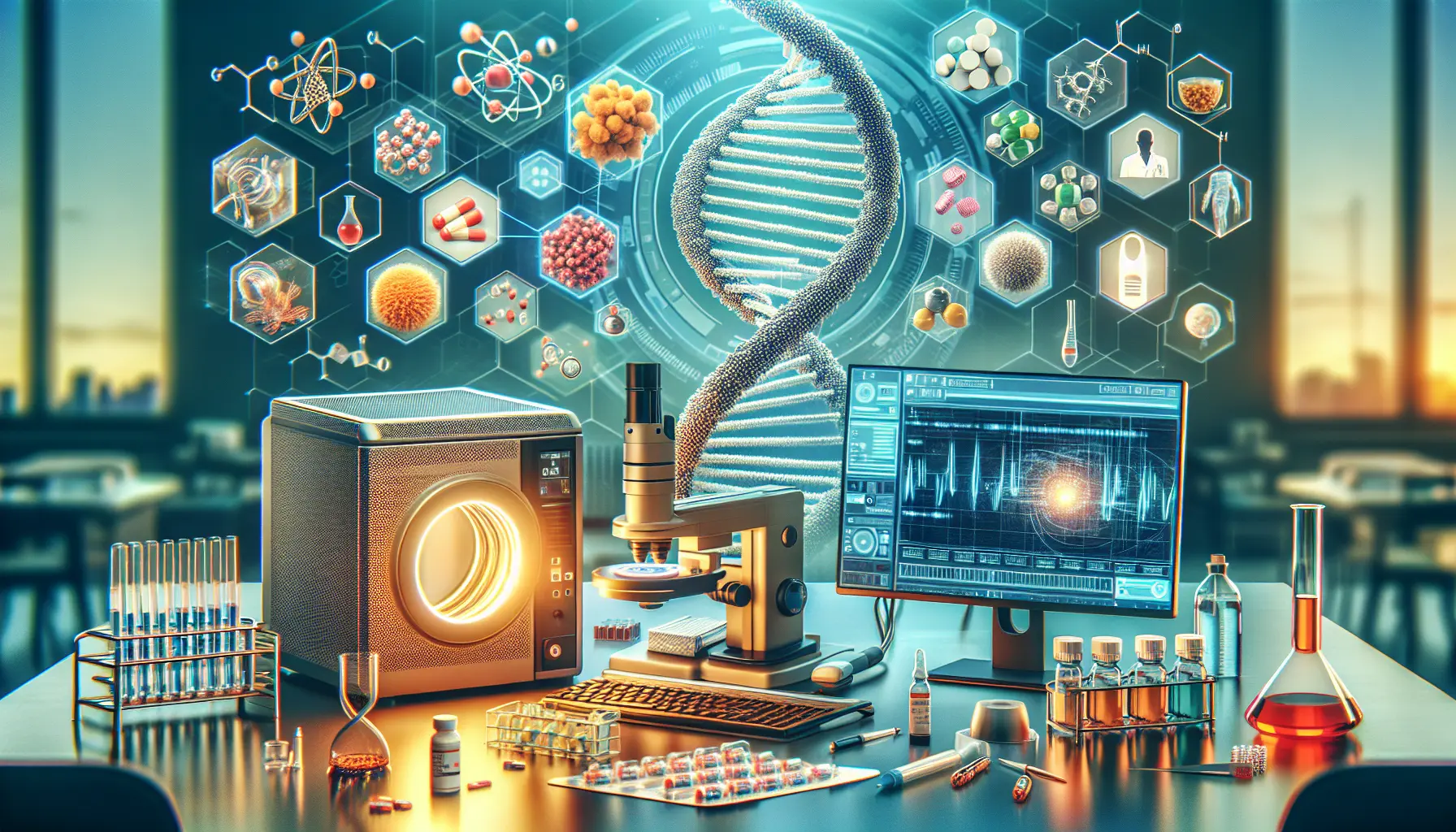 Immagine che rappresenta l'innovazione nelle biotecnologie e la medicina personalizzata, con elementi grafici al computer e simboli di salute.