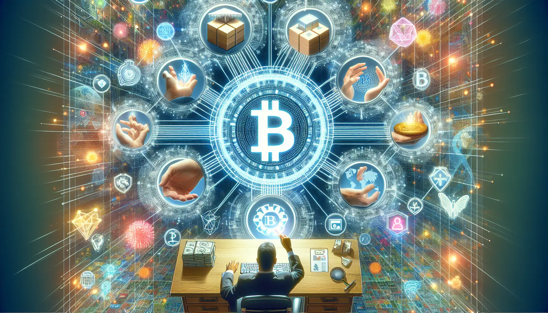 Rappresentazione grafica della tecnologia blockchain con nodi e catene di dati che simboleggiano la sicurezza e la trasparenza delle transazioni.