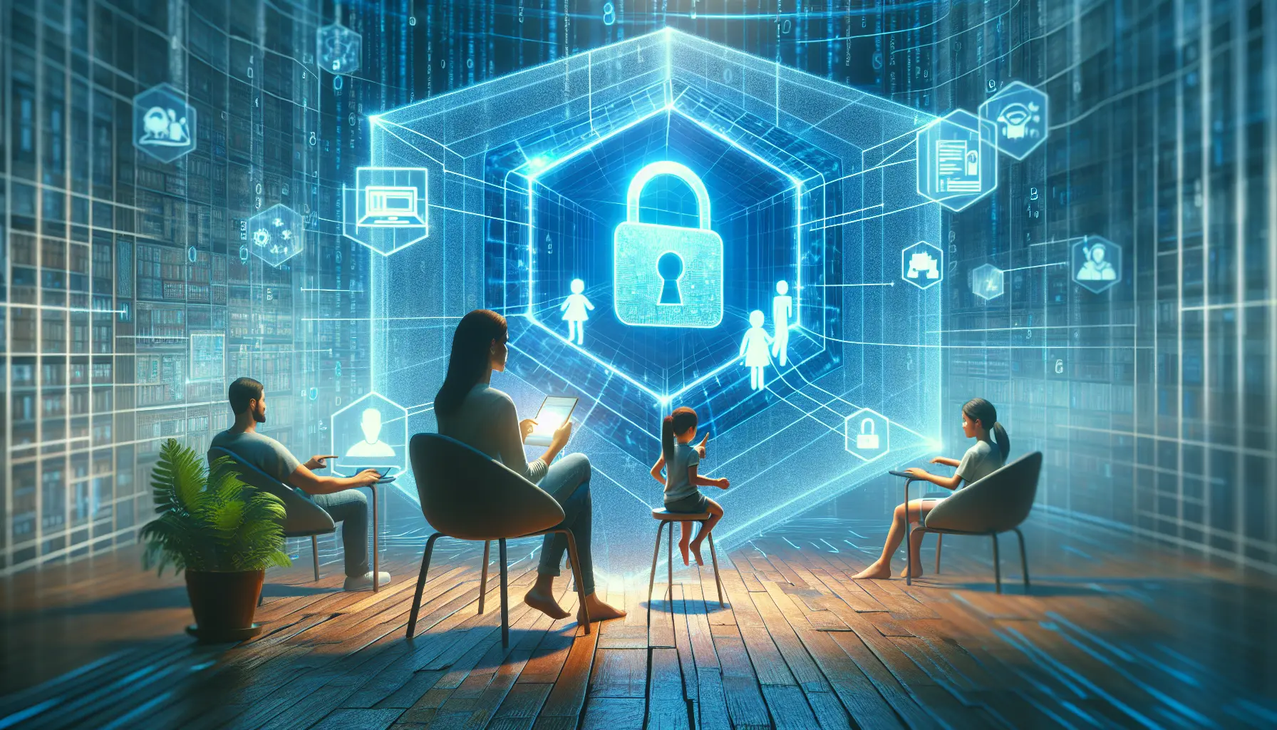 Un'immagine che rappresenta la tecnologia blockchain e la protezione della privacy online, con simboli digitali e un computer.